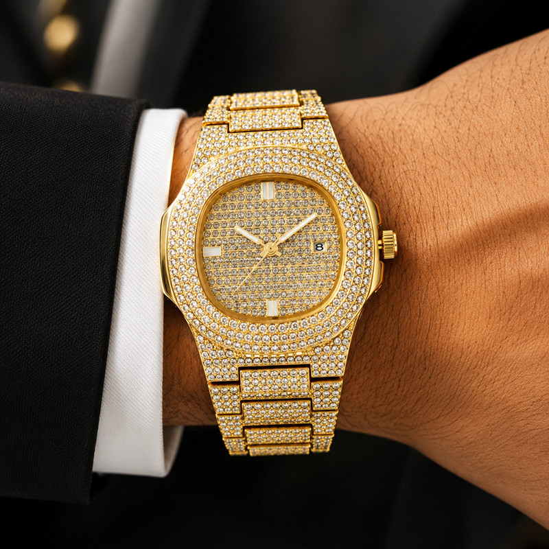 Relógio Masculino Ice Cravejado Dourado ou Prata Brilhante Luxo Estilo Hip Hop