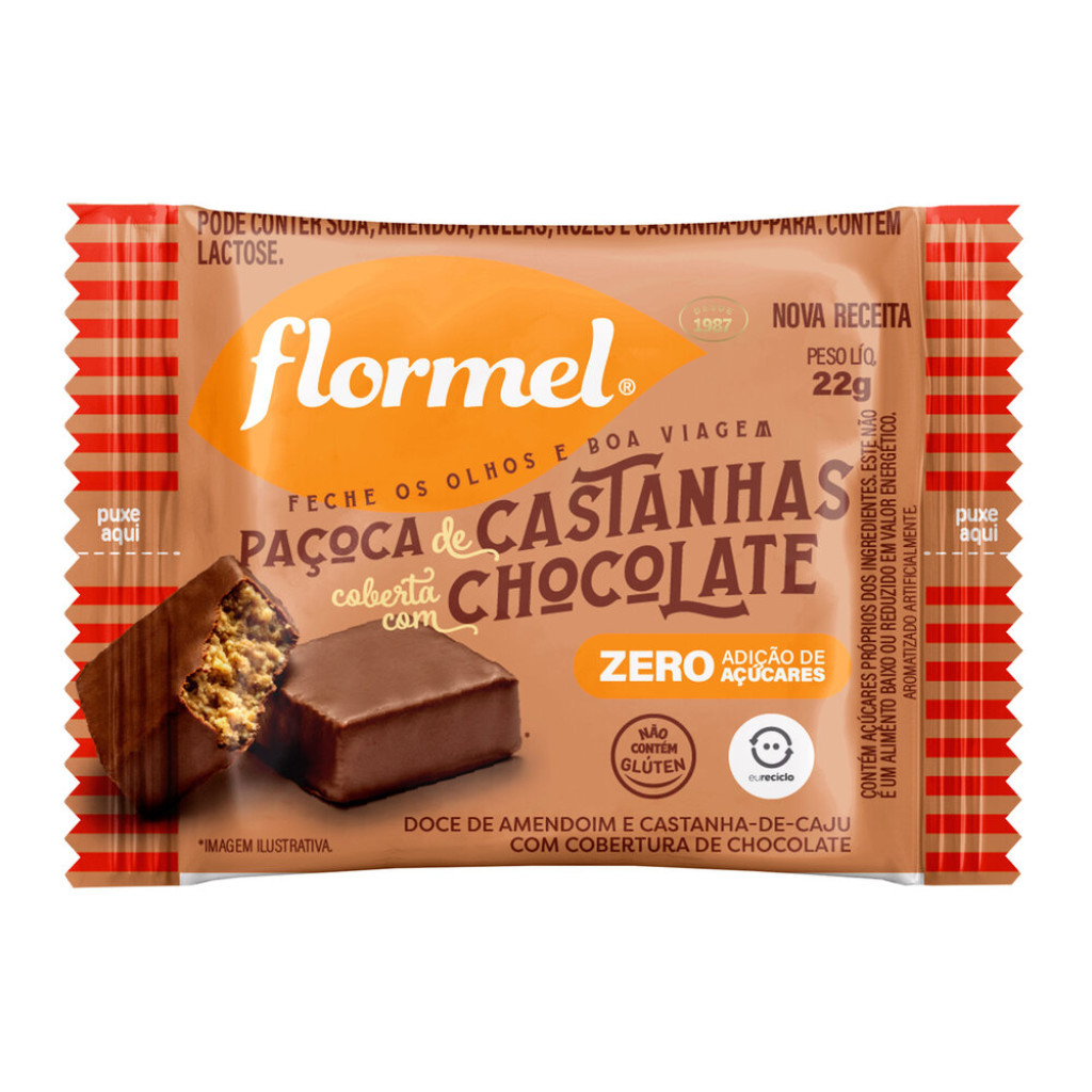 Kit 2 Paçoca de Castanhas Chocolate Zero Açúcar Sem Gluten Cacau Doce Flormel 22g cada · foto 2
