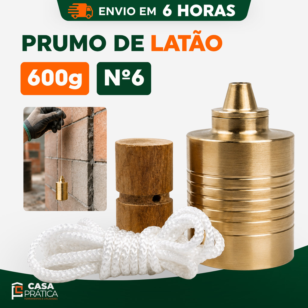 Prumo Latão Latao Maciço N6 600g Construção Civil Alvenaria Pedreiro Alinhamento Parede Cordão Linha