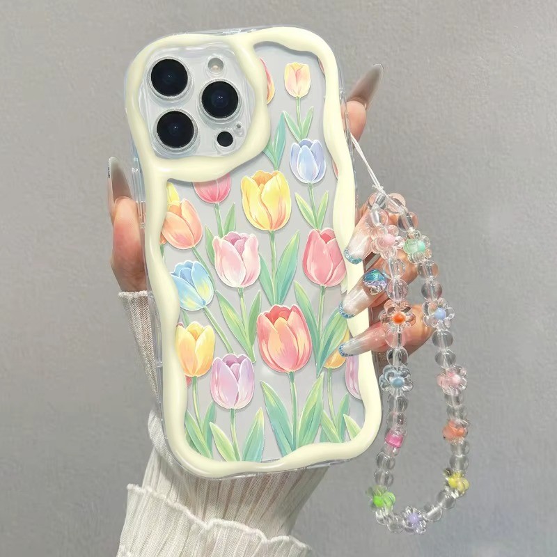 Kit Pulseira De Contas Brilhante Capa Capinha Para Samsung Galaxy A03 A04E A05 A06 A12 A13 A14 A15 A16 A23 Tulipas