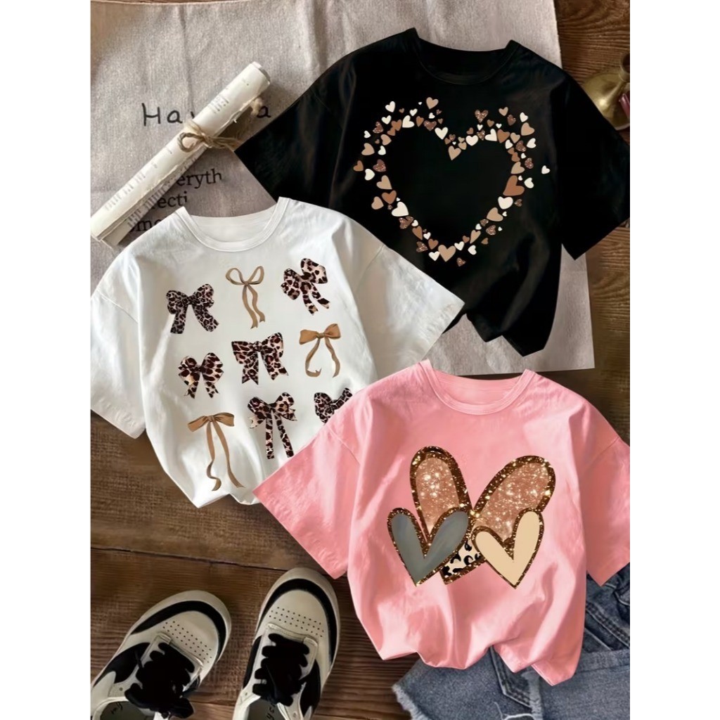 Kit 3 Camisetas Infantil Estampada Menina Delicada Moda Blogueira Luxo Corações