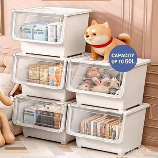 Caixa de Armazenamento Multiuso com Abertura Frontal 30L/48L/60L, Empilhável, para Brinquedos, Lanches e Uso Doméstico, 