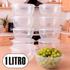Kit 10 Bowl Transparente 1000ml com Tampa Potes Kaziva - Reforçados Cozinha Alimentos e Marmitas Congelador - Variações