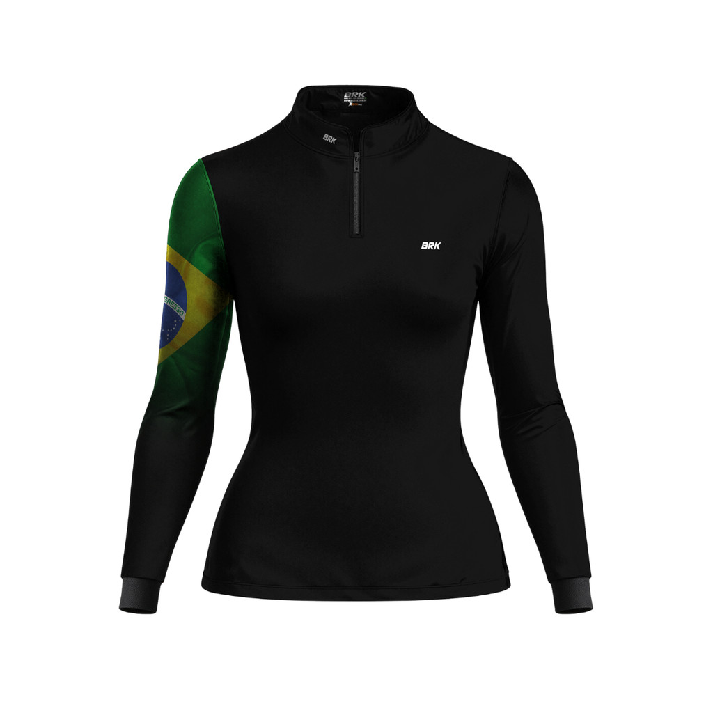 Camisa Camiseta Feminina Motociclismo Brk Preta Bandeira do Brasil com Proteção UV