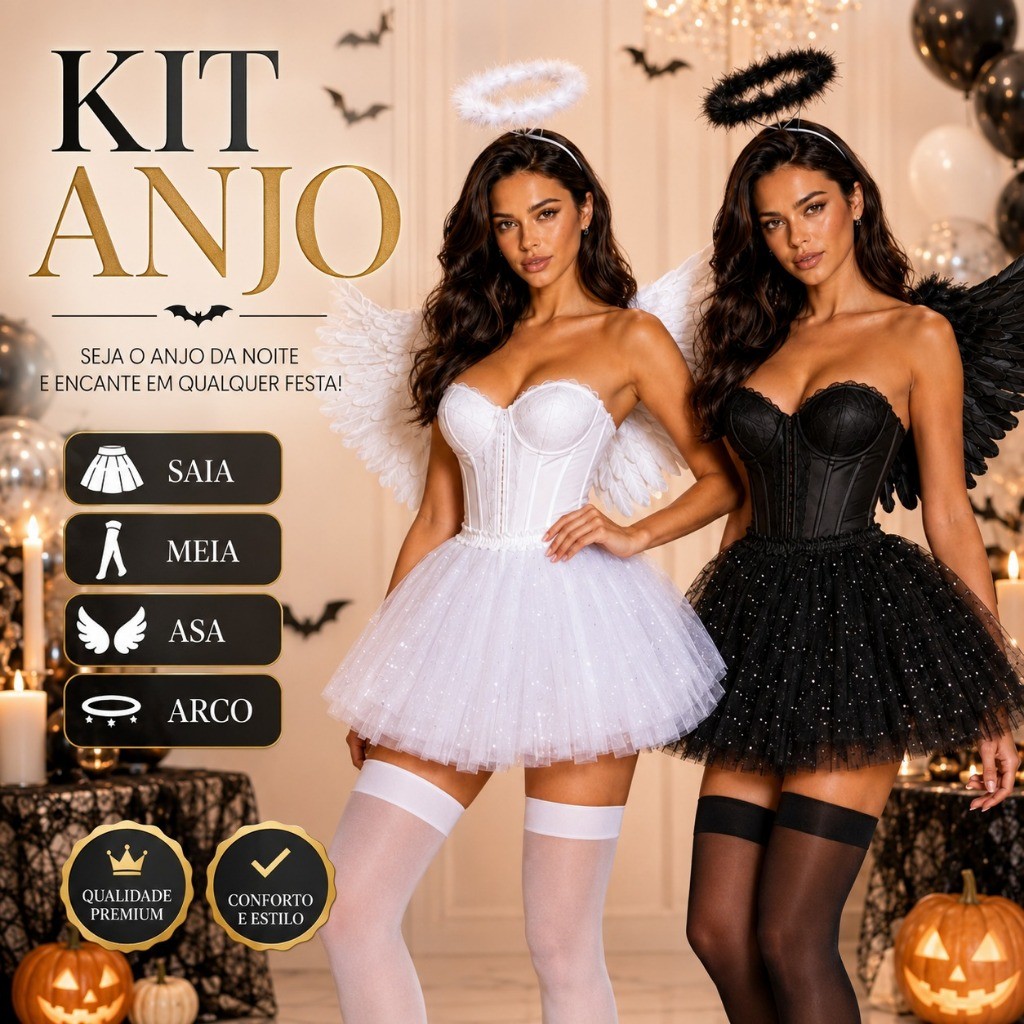 Kit Fantasia Anjo Anjinho Branco ou Preto com Saia, Meia, Asa e Arco para Halloween e Festas