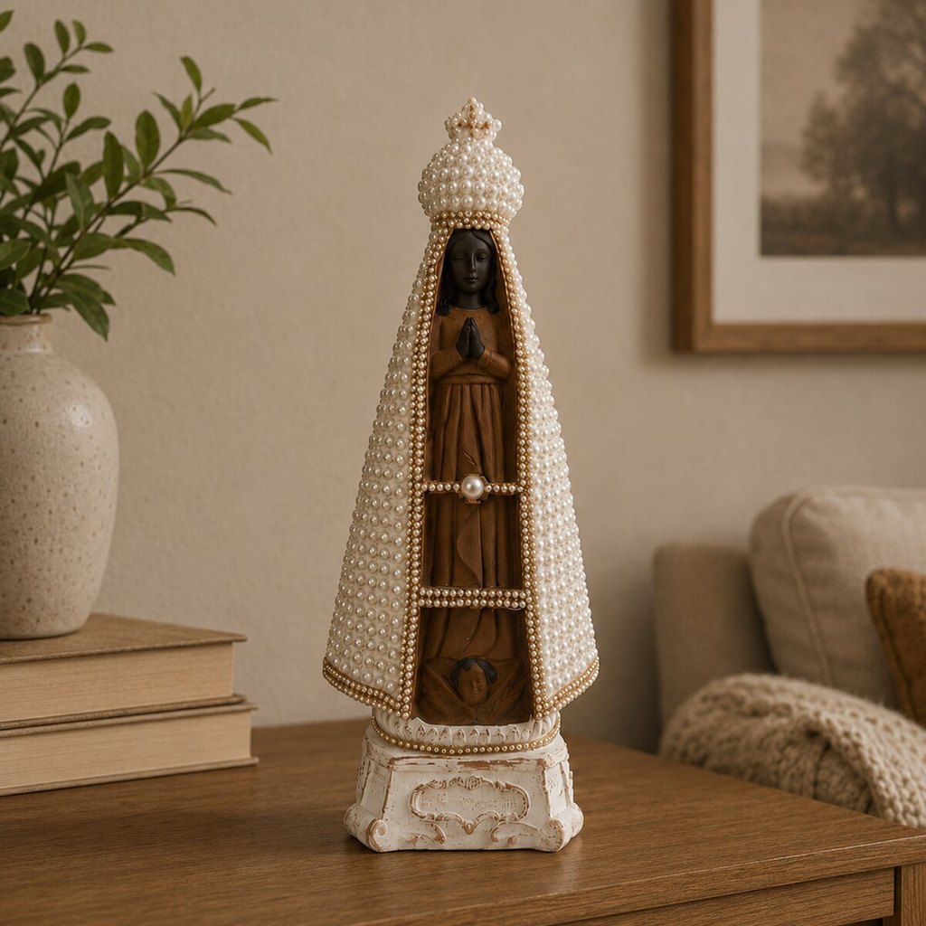Imagem Nossa Senhora Aparecida 30cm Gesso Laqueada Pérolas