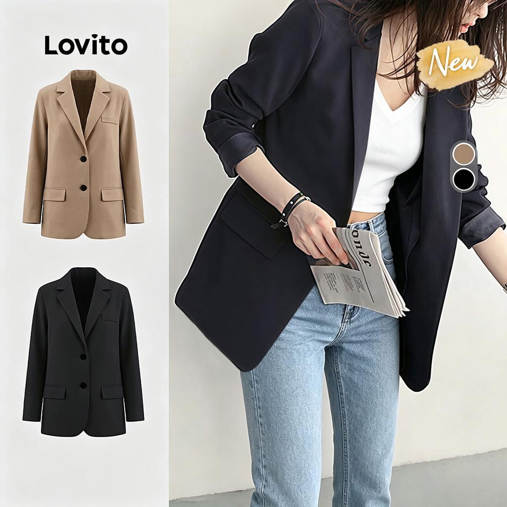 (New Arrival) Lovito Blazer Casual Preto Leve Com Bolsos De Botão Para Primavera