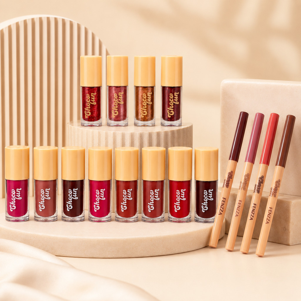 Kit Tint Cream Gloss + Lápis Contorno Labial Retrátil Choco Fun Fenzza - Fondue, Cookie, Ganache, Tiramissu, Shine