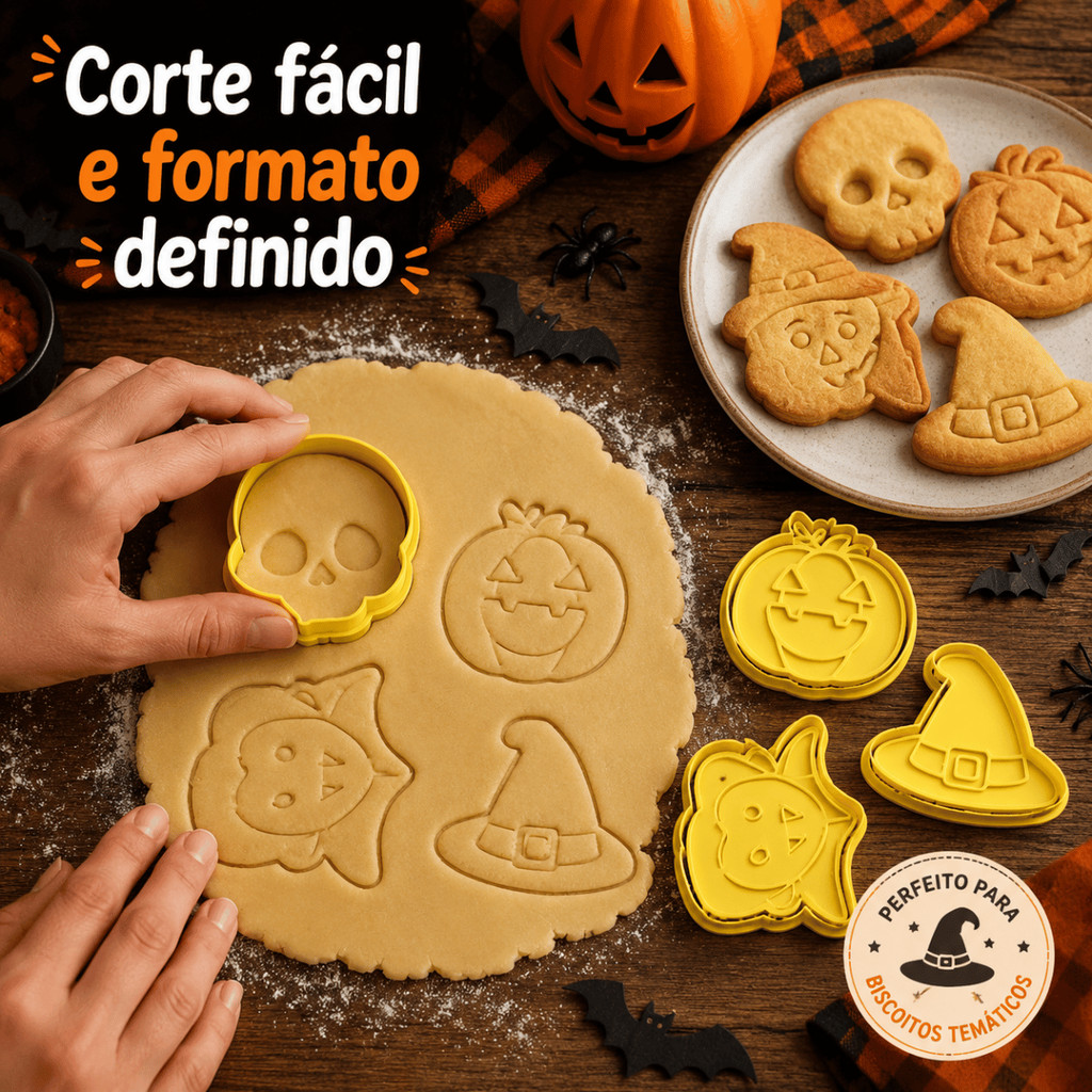 Kit 4 Cortadores de Biscoito Halloween Caveira Abóbora Bruxa Chapéu Massa e Pasta Americana