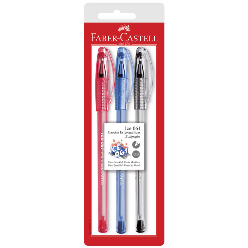Caneta esferográfica 0.8 Ice 061 Office AZ/PR/VM com 3 unidades Faber-Castell