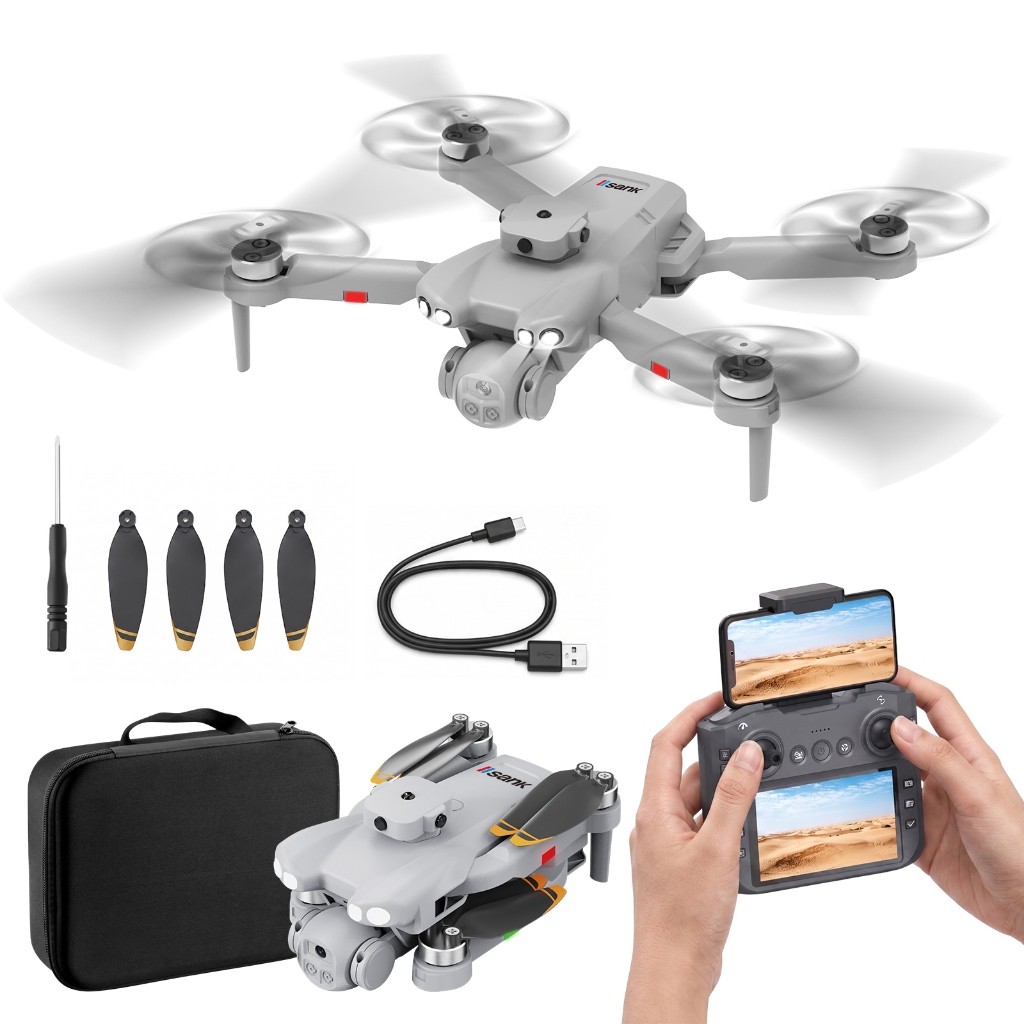 Drone Dobrável iSank Controle com Tela Câmera Dupla HD Desvio Obstáculos 360° Motor Sem Escova Fluxo Óptico 2 Baterias