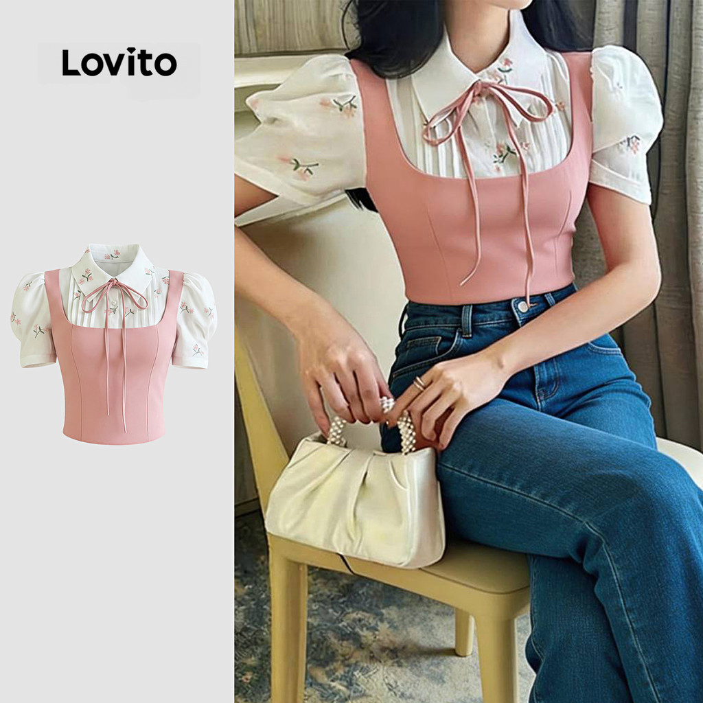 (New Arrival) Lovito Blusa Rosa Elegante De Manga Curta Com Gola Laço E Blocos D