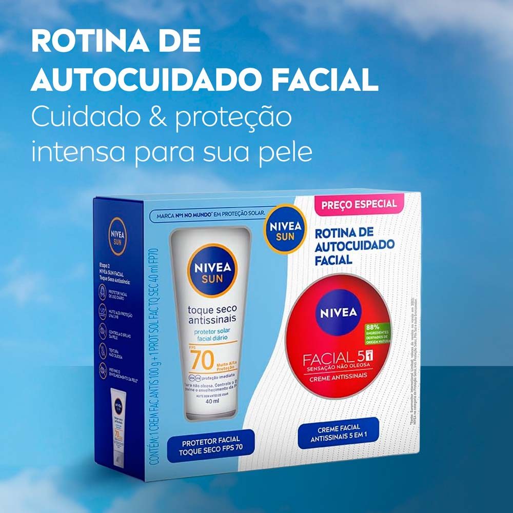 Kit Protetor Solar Nivea Sun Toque Seco Antissinais FPS 70 40ml e Creme Facial Nivea Antissinais 100g · foto 2