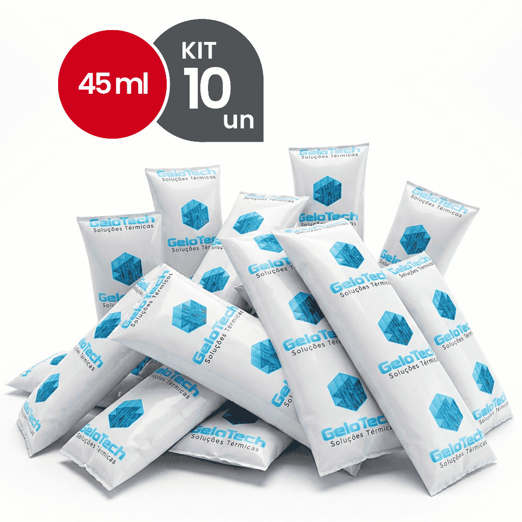 Kit 10 Gelo Reutilizável 45g Até 8h Gelado Não Molha | GeloTech Flexível Gel Artificial Atóxico
