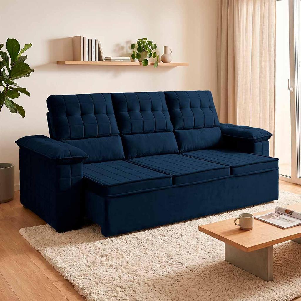 Sofá Retrátil Reclinável 4 lugares com molas 2,30m Quantum Suede Velut Azul - King House