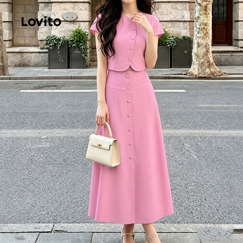 Lovito Elegantes Tops ou Bottoms Assimétricos de Botão para Saia Rosa Claro para mulheres KSK8P2D122 · foto 2