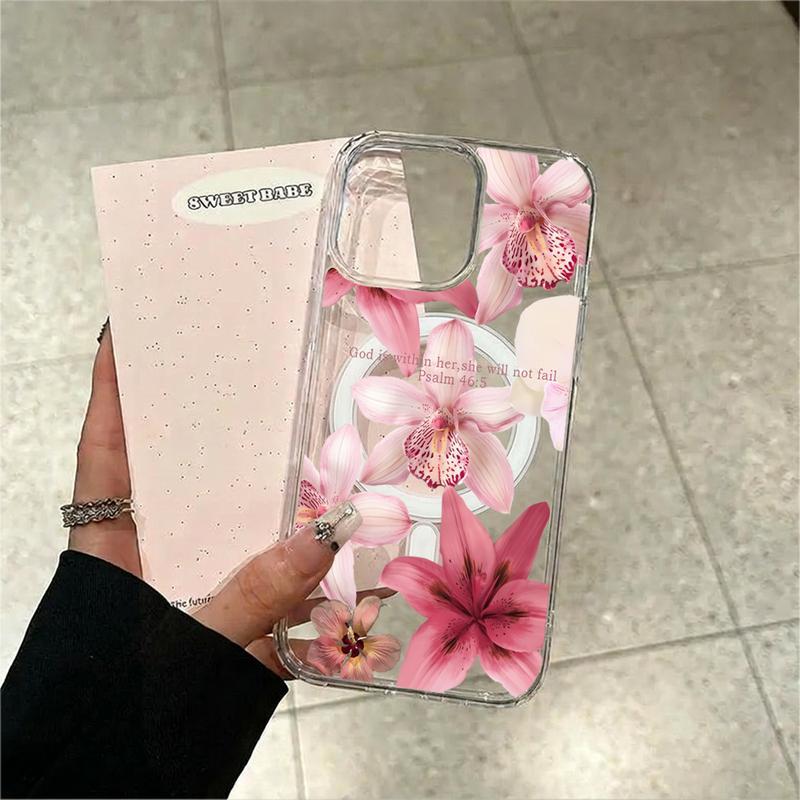 Capa transparente rosa com estampa de lírio, compatível com  iPhone17/16/15/14/13/12/11/X Air/Plus/Pro/ProMax magnético