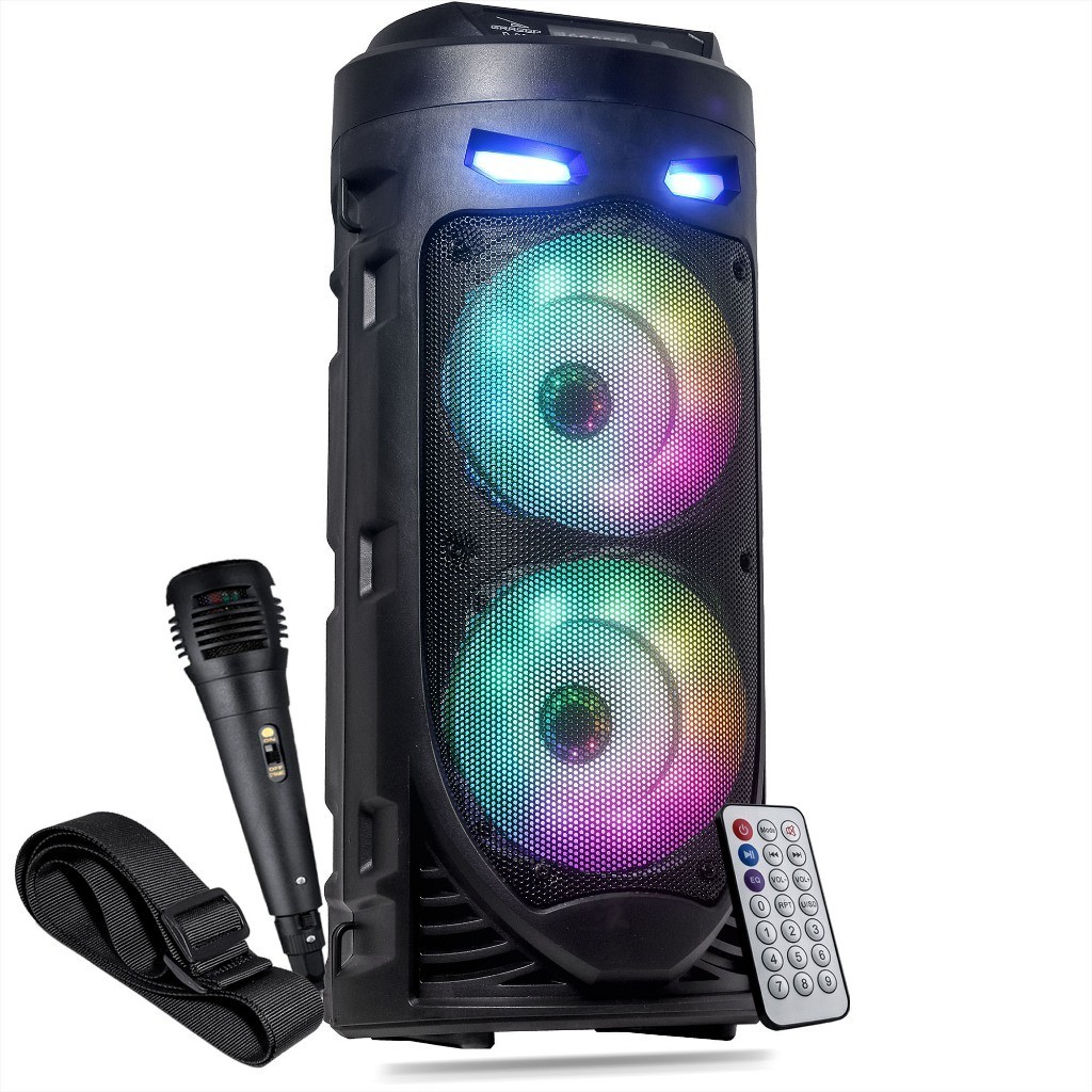 Caixa De Som Bluetooth Karaokê Led RGB Fm Integrado Portátil P2 Com Controle Microfone Pendrive Usb