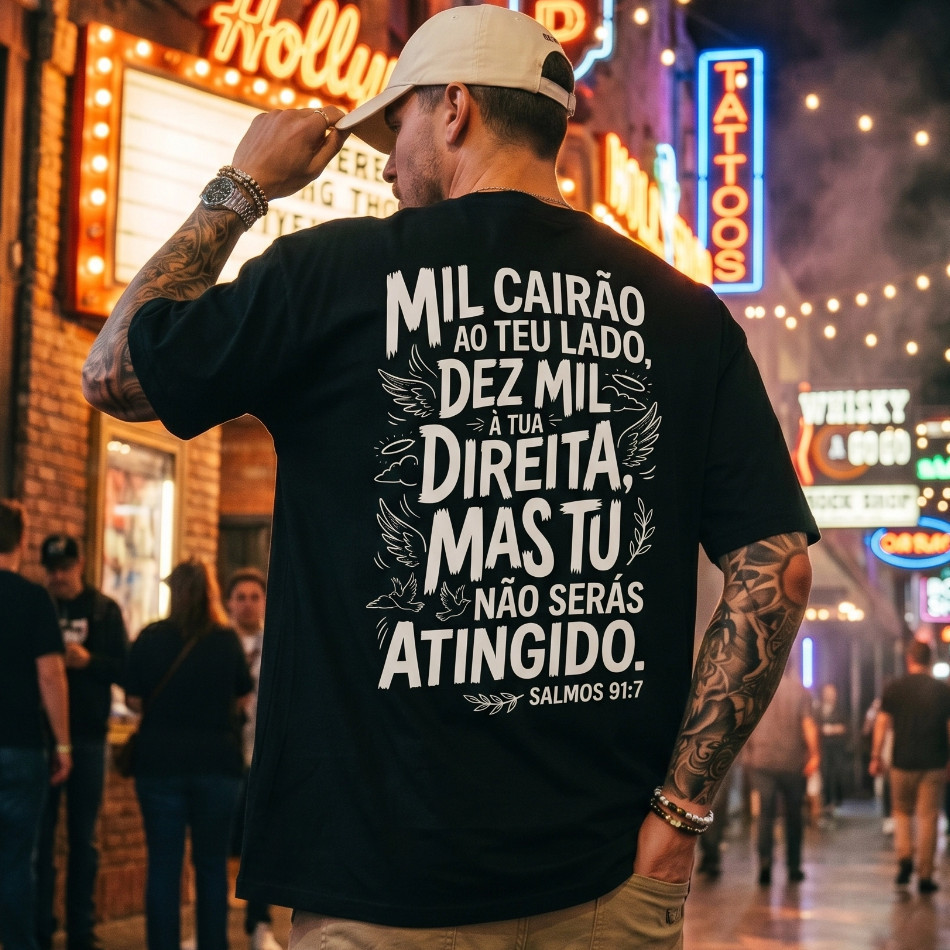 Camiseta Masculina Camisa Masculina Cristã Salmos 91 100% Algodão Streetwear Gospel Camisa Deus Premium