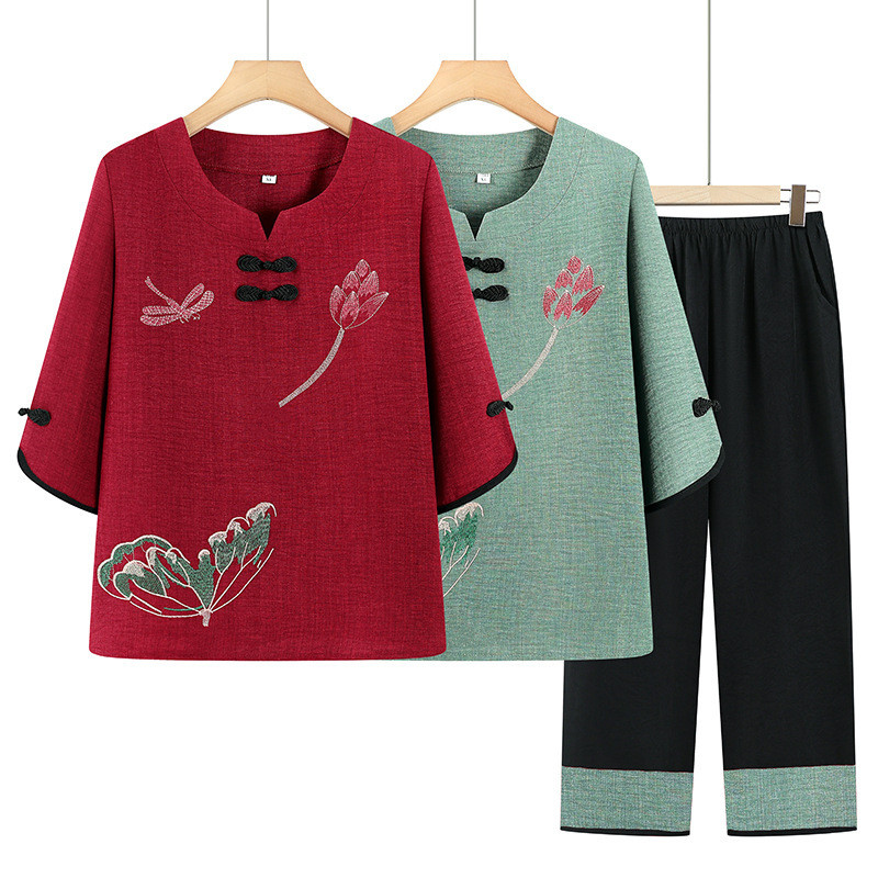 Roupas femininas idosas de meia-idade terno de algodão mãe recortada camiseta calças terno de duas peças roupas feminina