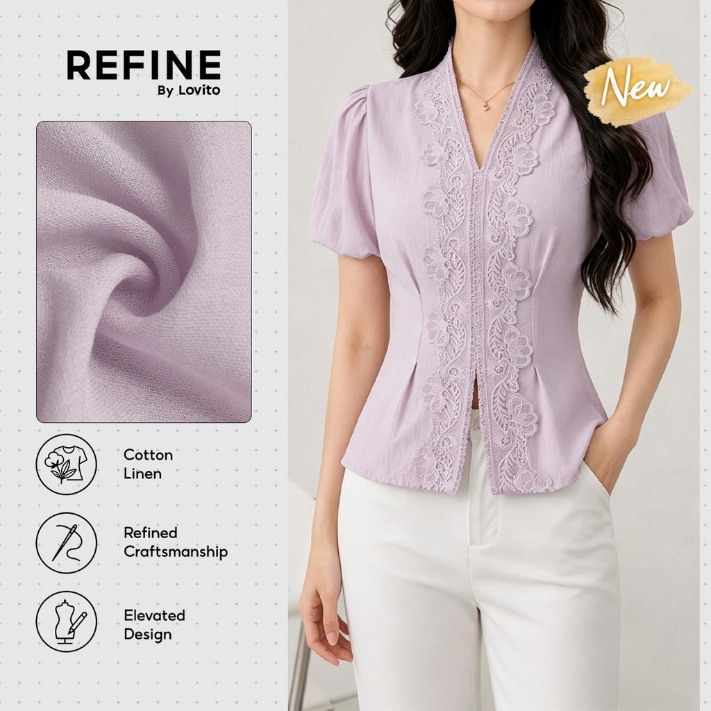 (New Arrival) (Refine by Lovito) Blusa Feminina De Linho Algodão Roxo Claro Com Renda Gola V Manga Curta Dupla Camada Workwear BLR43P1D042