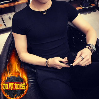 Camiseta masculina de manga curta de lã de lã outono inverno novo estilo Slim Fit Skinny engrossado gola redonda cor sól