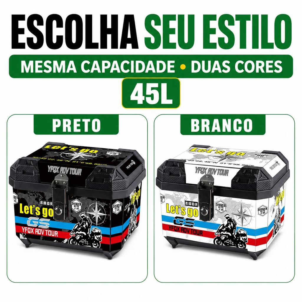 Baú Para Moto 45L ABS Traseiro Com Chave Kit Fixação Porta Capacete Bagageiro Universal