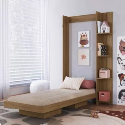 Cama Solteiro Juvenil Articulável Vertical com Estante 80 Vancouver Marrom/Mel Mel