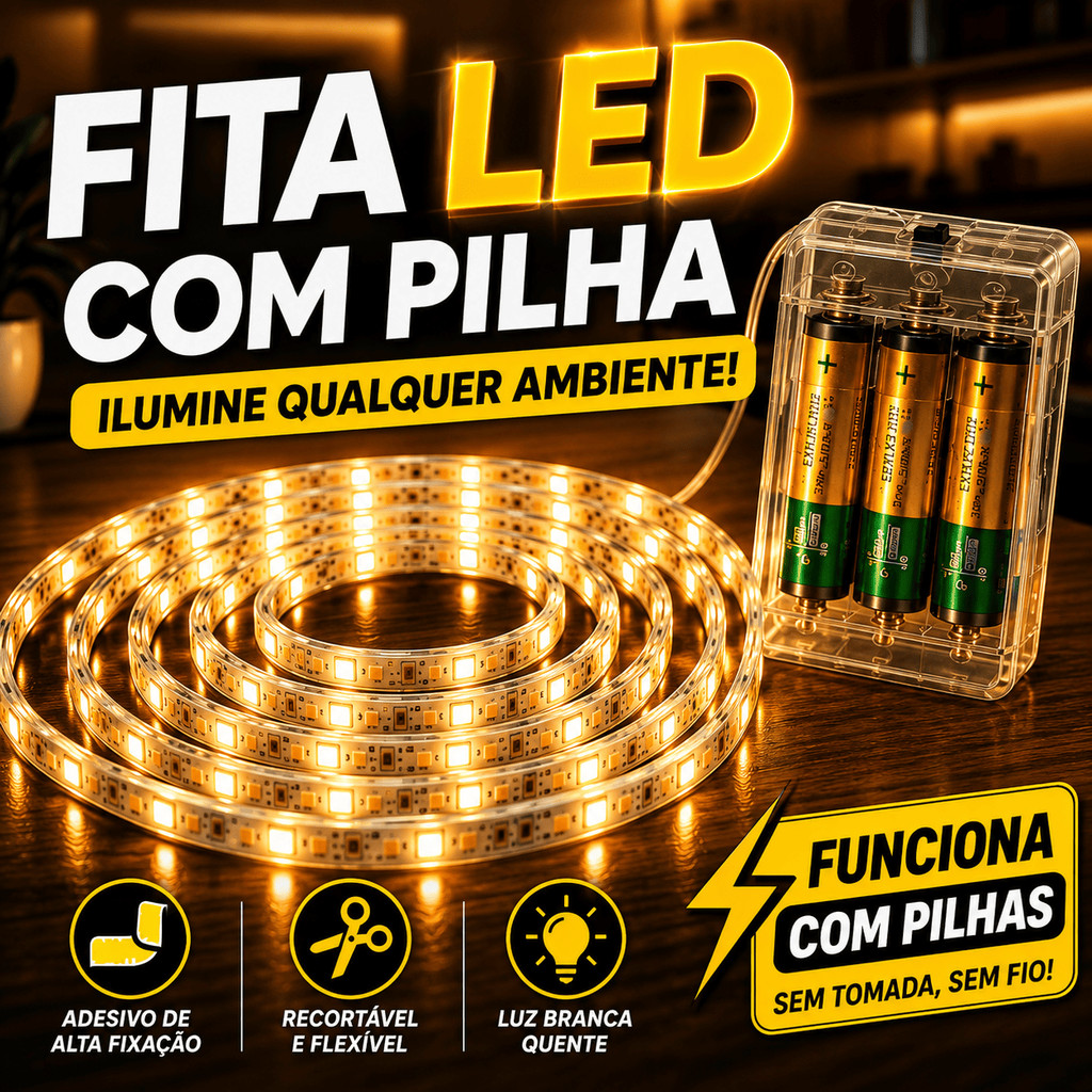 Fita De Led A Pilha Luz Fria Quente Amarelo Neutro Adesiva Facil Instalaçao Espelho Armario Sanca Cabeceira Bateria AA