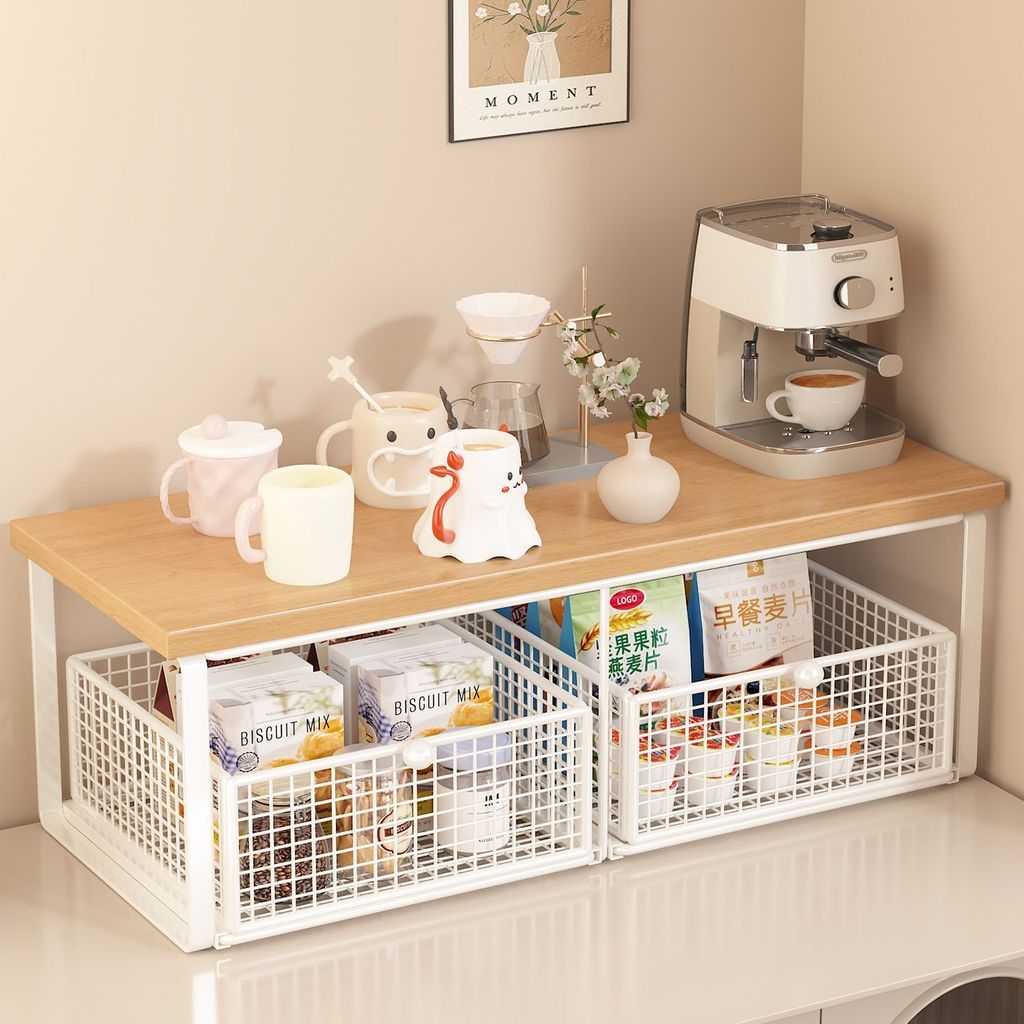 Caixa de armazenamento de mesa extraível, prateleira de bancada de mesa de jantar, organizador de copo de café, Rack de