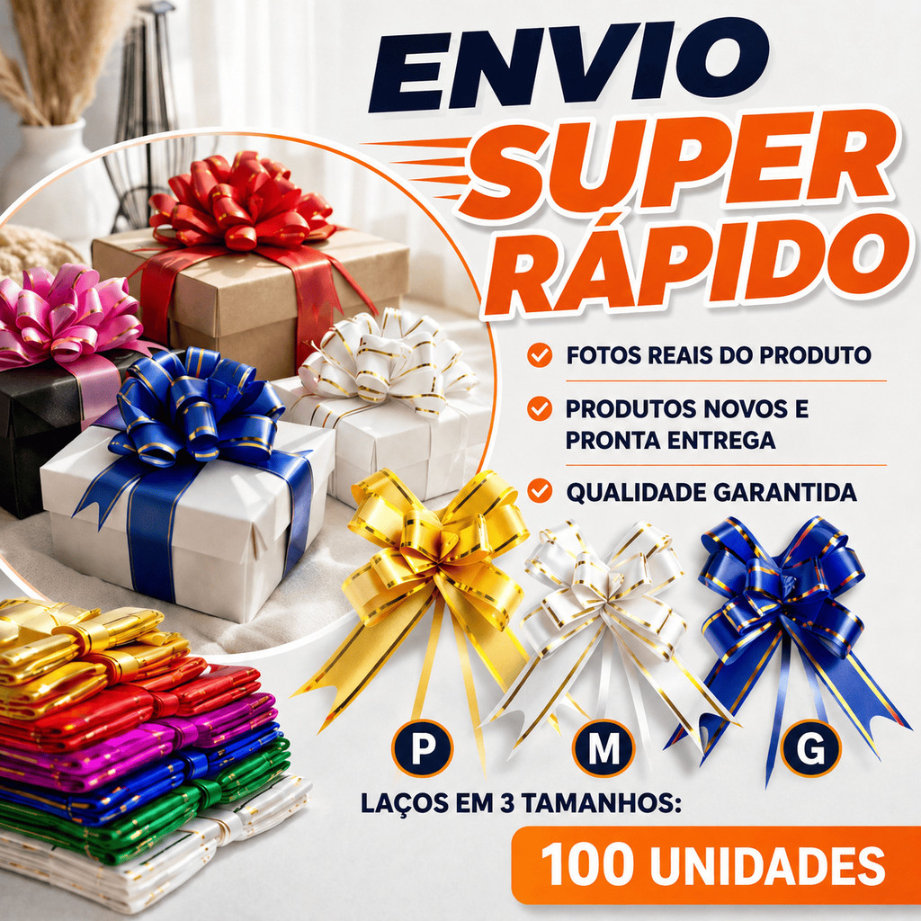 100 Laços Fácil Mágico com Filetes Dourado P/M/G – Presente – Com Cores Variadas