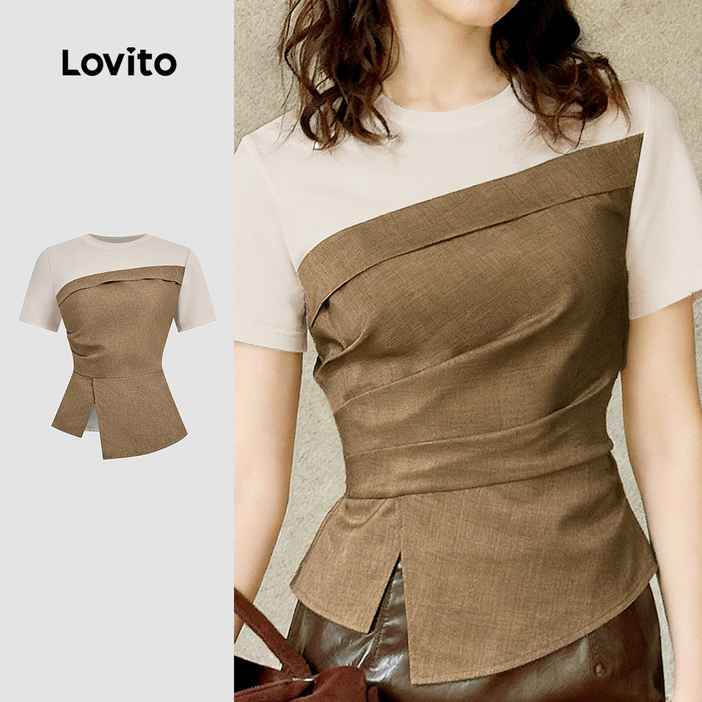 Lovito Elegante Blusa de Costura em Tecido Colorblock para Primavera/verão para
