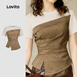 Lovito Elegante Blusa de Costura em Tecido Colorblock para Primavera/verão para Mulheres L170ED120
