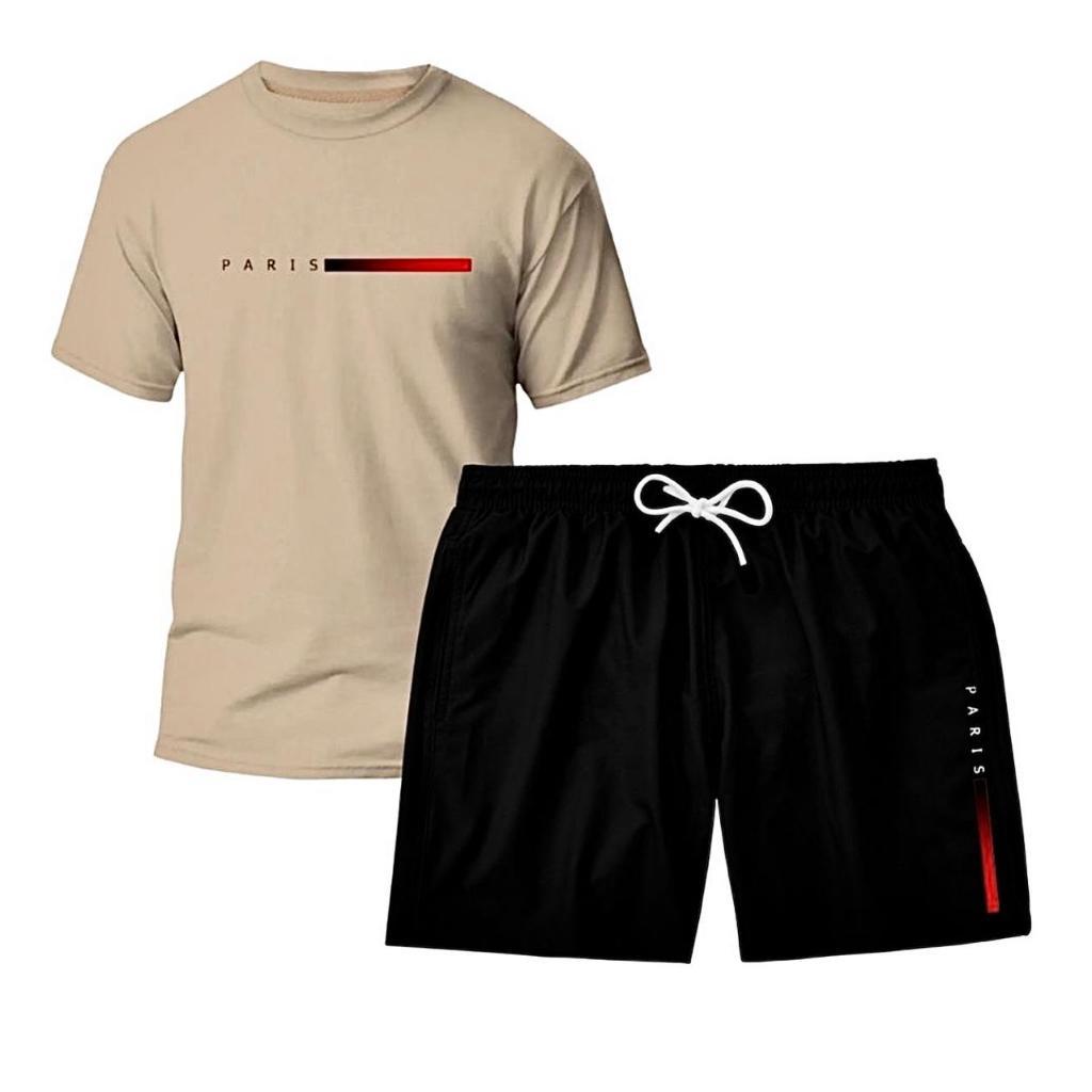 Kit Camiseta masculina  Algodão + Short Tactel Masculino Paris estampado Conjunto c Bermuda Praia Confortavel Casual
