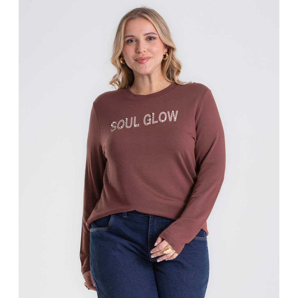 Blusa Manga Longa Com Rebite Plus Size Secret Glam Marrom
