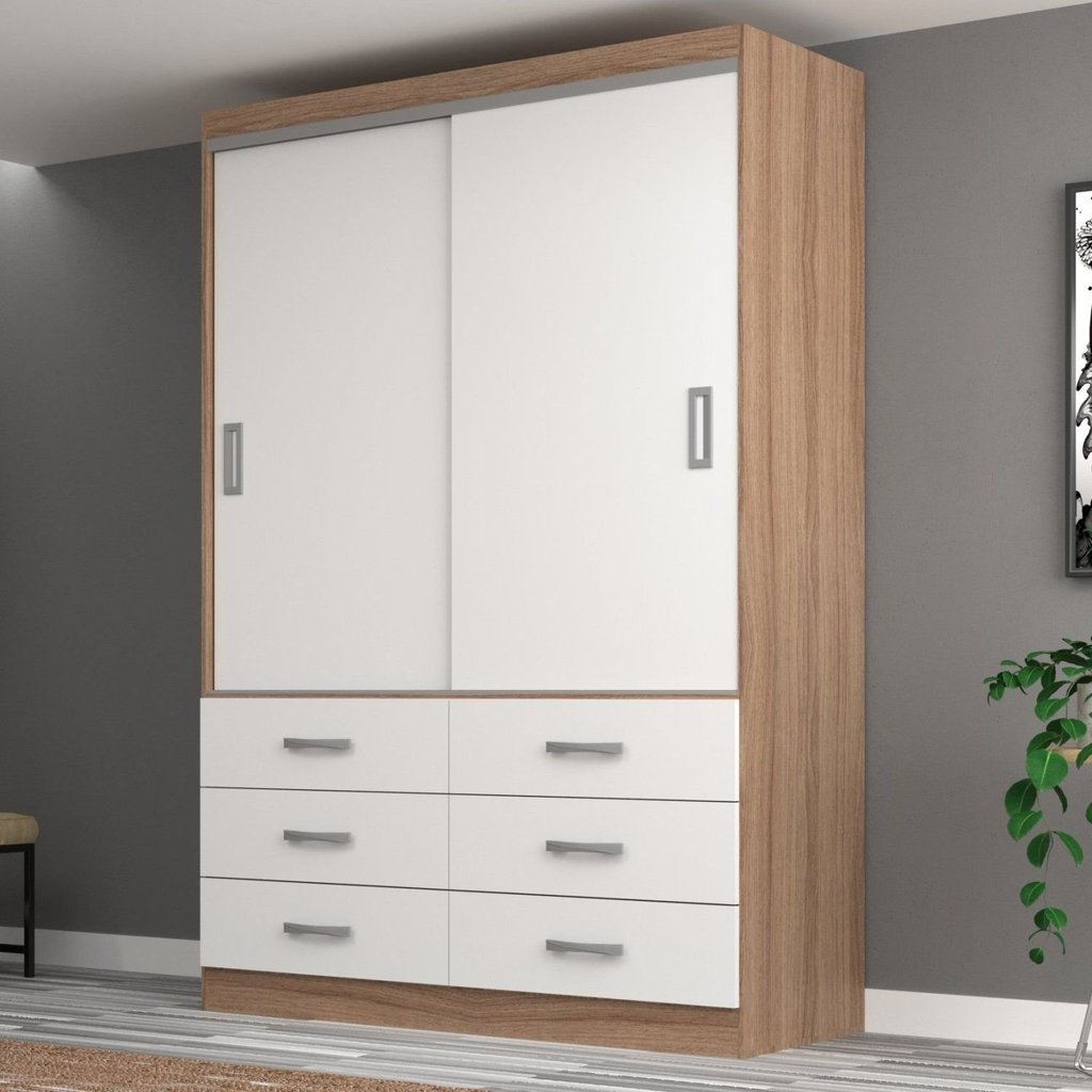 Guarda Roupa Casal 2 Portas de Correr 6 Gavetas Veneza Premium Yescasa Marrom/Demolição/Branco Demolição/Branco