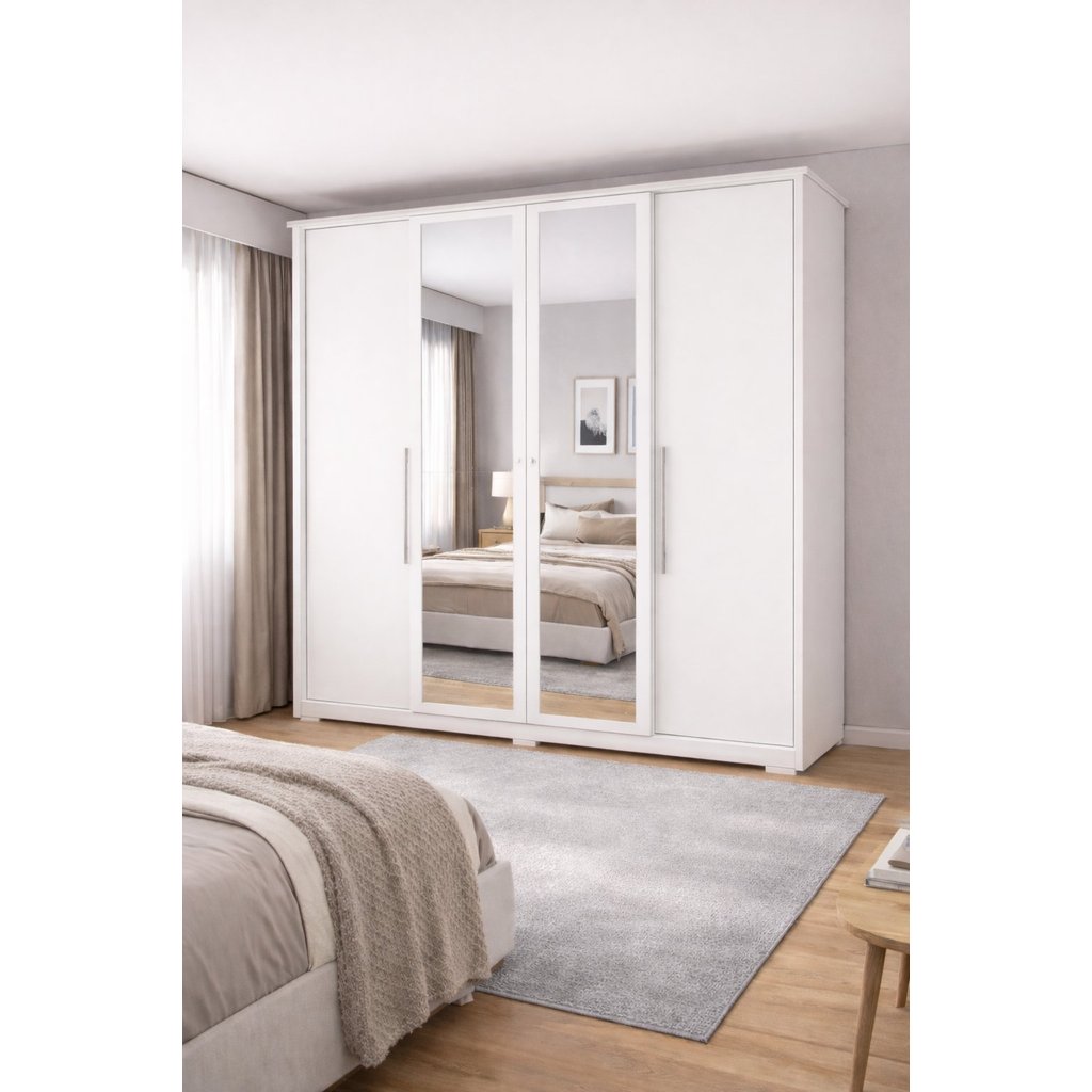 Guarda-Roupa Casal 4 Portas 2 Gavetas Mônaco com Espelho Branco Branco