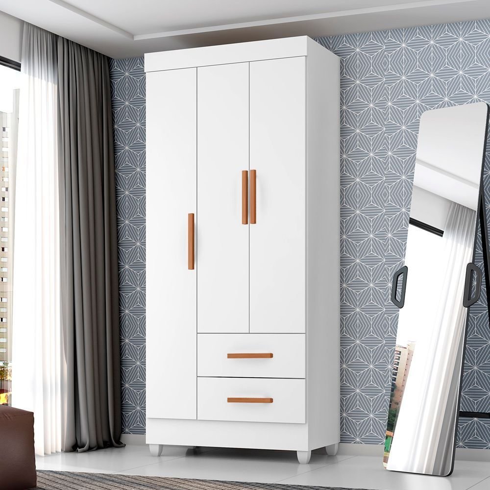 Guarda Roupa Solteiro 3 Portas 2 Gavetas com Pés Lite Branco/Brilho Branco Brilh