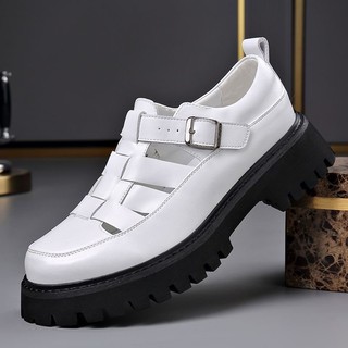 Sandálias romanas masculinas verão oco respirável Casual Retro buraco sapatos de couro genuíno sola grossa aumentando Ba