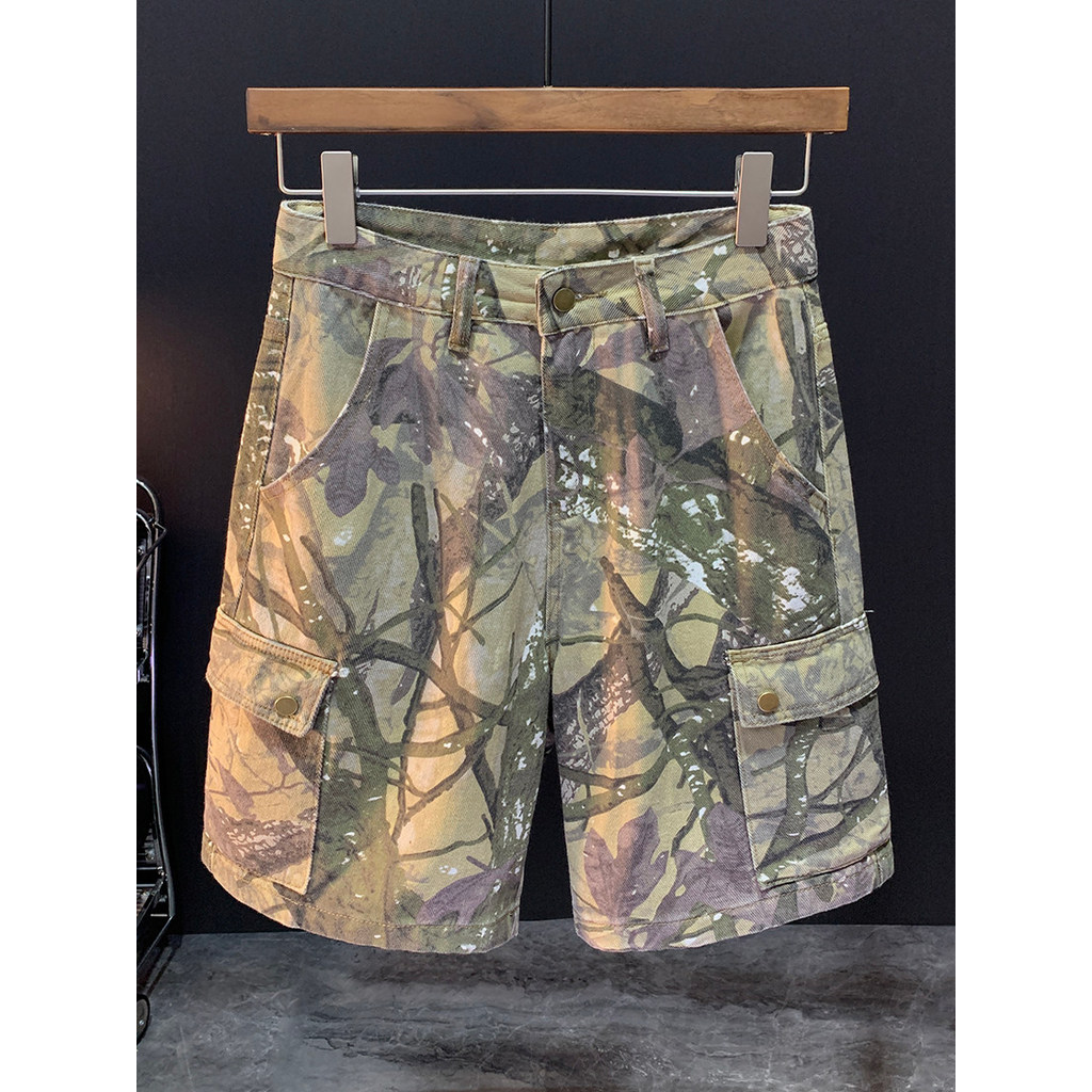 Macacão de verão calças camufladas masculino Retro resistente ao desgaste High street wear grande bolso americano solto 