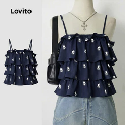 Lovito Blusa Casual Feminina com Babado e Camadas Estampa Primavera/Verão LK7LD1036