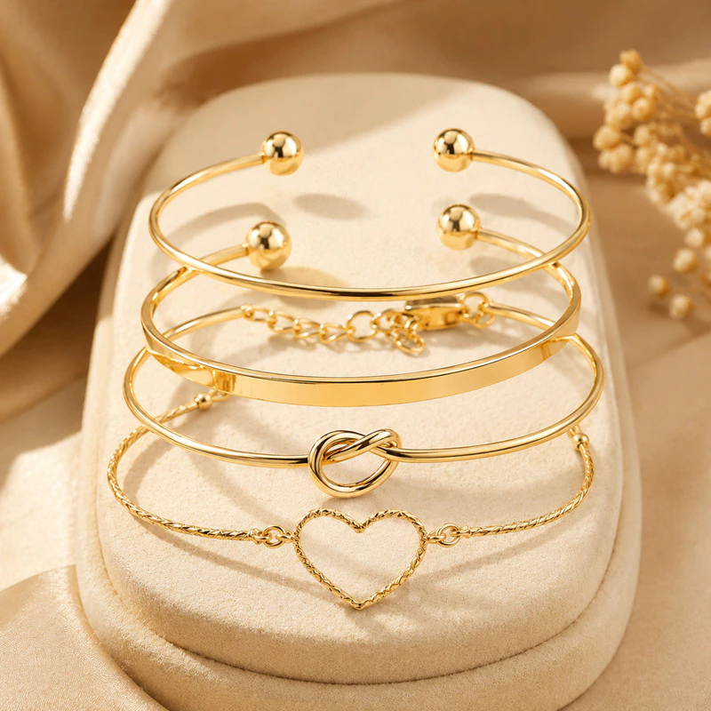 Kit 4 Pulseiras Femininas Ouro ou Prata Coração Nó Braceletes Minimalistas Empilháveis