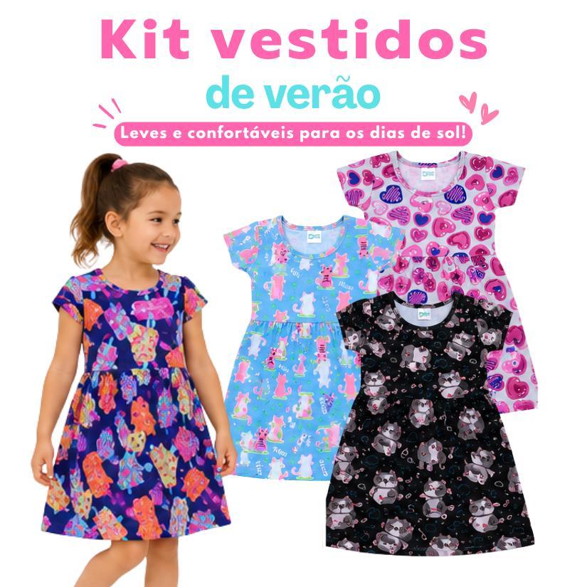 Kit 3 Vestidos Infantis de Cotton Macios e Confortáveis | Vestidinhos Femininos Estampados Tam 4 ao 12