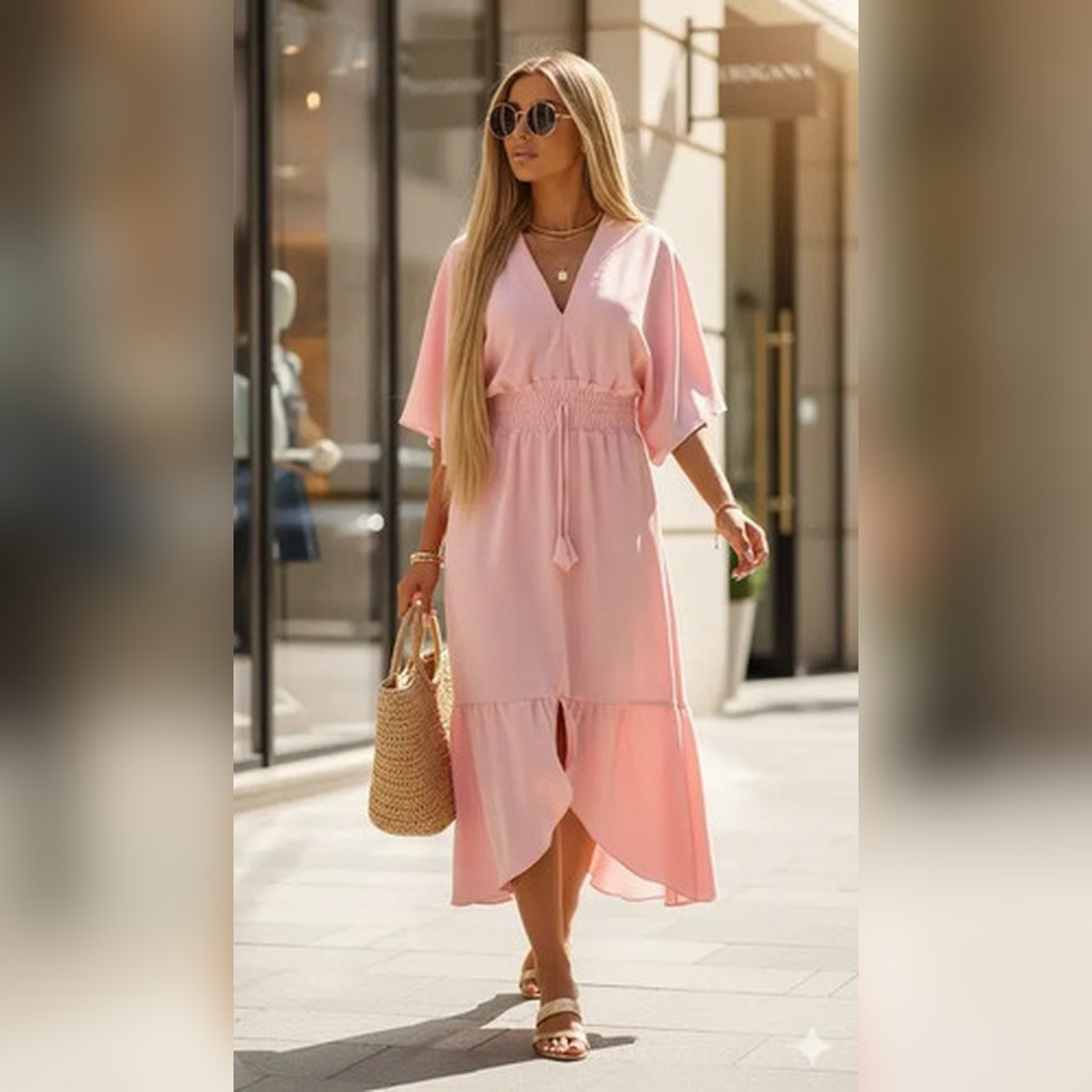 Vestido Manga Morcego Soltinha Midi Lastex Bralok Feminino Decote V Curta Casual Gestante Confortável Primavera Verão