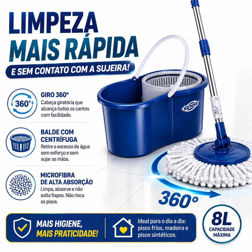 Mop Profissional 3 em 1 Inox 8L Com Balde 360º Giratório com Alça Extensível Esfregão Centrifuga — imagem 2 de 2