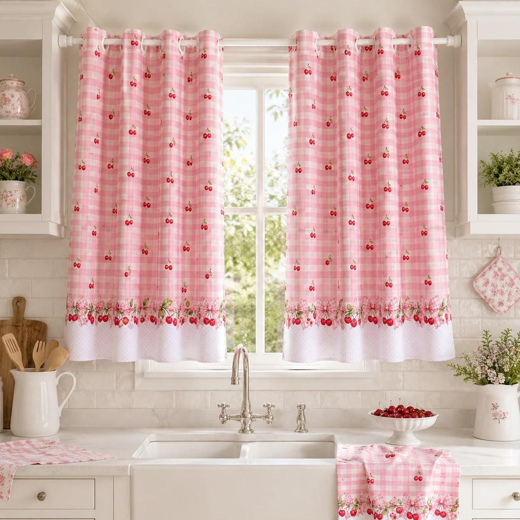 Cortina de Cozinha para Janela 2,60m x 1,40m Cerejinha Xadrez Rosa com Laços