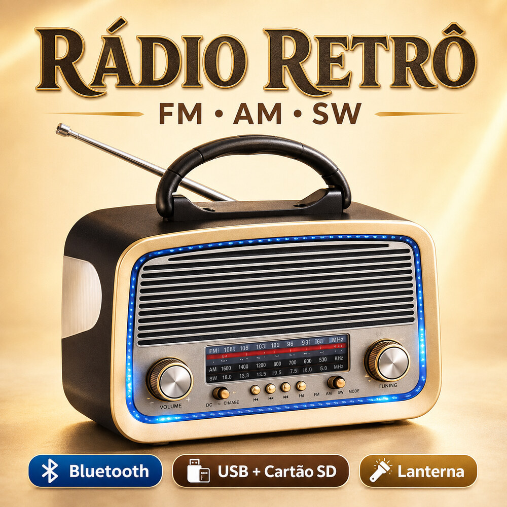 Rádio Portátil Retrô Bluetooth AD-3199 FM AM SW USB Cartão SD Lanterna Caixa de Som Vintage