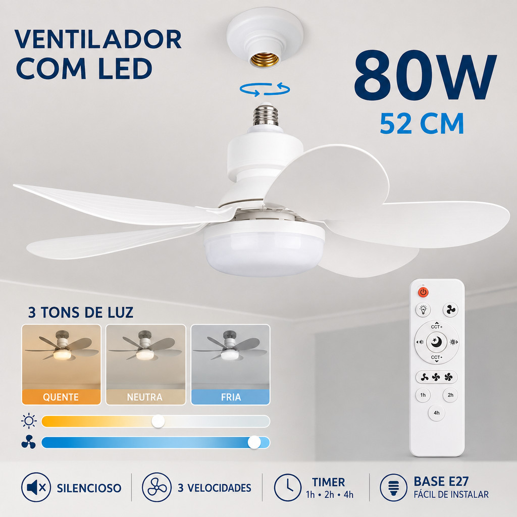 Ventilador de Teto com Lâmpada LED E27 Silencioso 80W com Controle Remoto 3 Velocidades Bivolt 2 em 1 para Quarto Sala