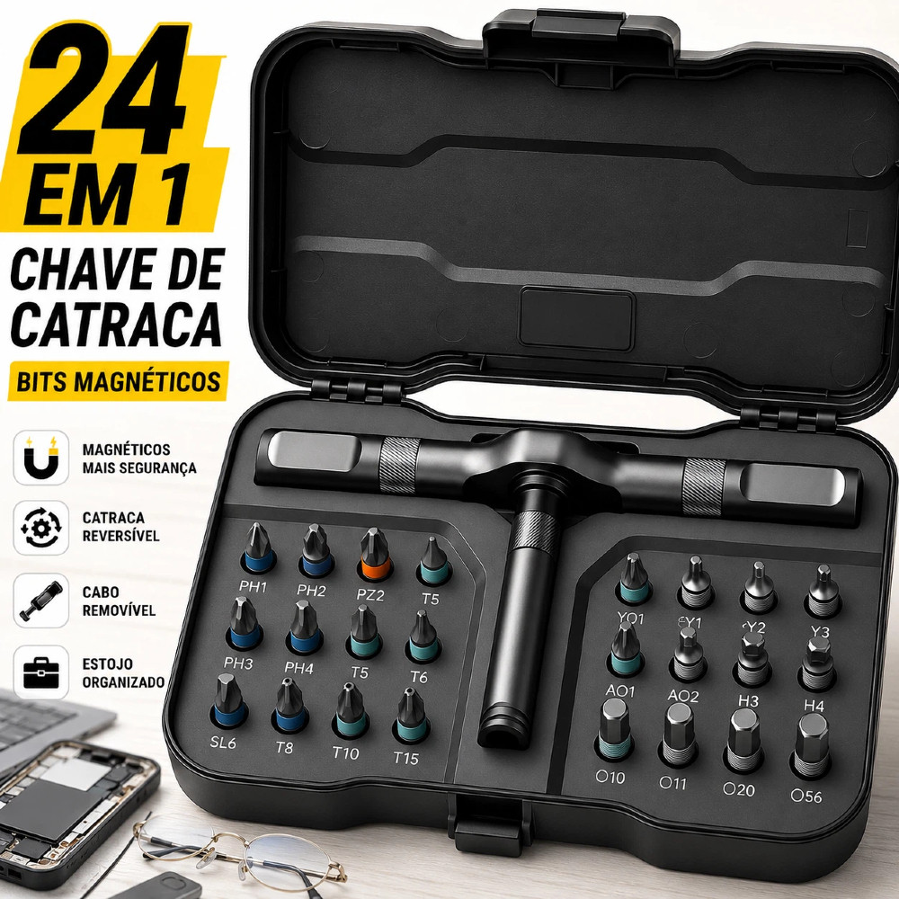 Chave Catraca 24 em 1 Kit Precisão Magnética Pontas Cabo Removível Conserto Celular Notebook Eletrônicos