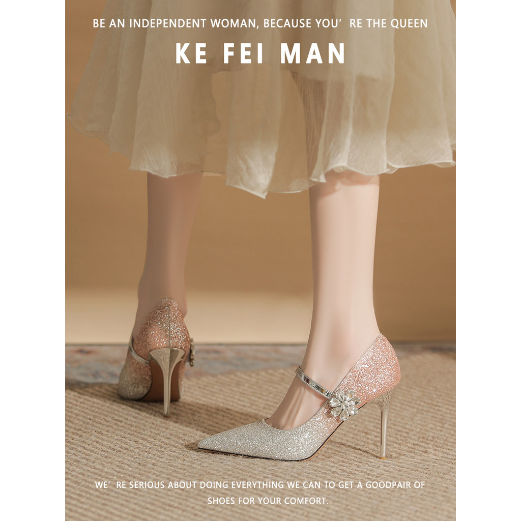 [Coffeyman] Linda cor gradiente Mary Jane salto alto feminino estilete estroboscópico cristal sapatos de casamento de no